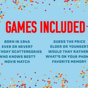May include: A blue background with colorful confetti and the text "GAMES INCLUDED" in red. The text lists several party games, including "Born in 1945", "Ever or Never?", "Birthday Scattergories", "Who Knows Best?", "Movie Match", "Guess the Price", "Older or Younger?", "Would They Rather?", "What's on Your Phone?", and "Favorite Memory".