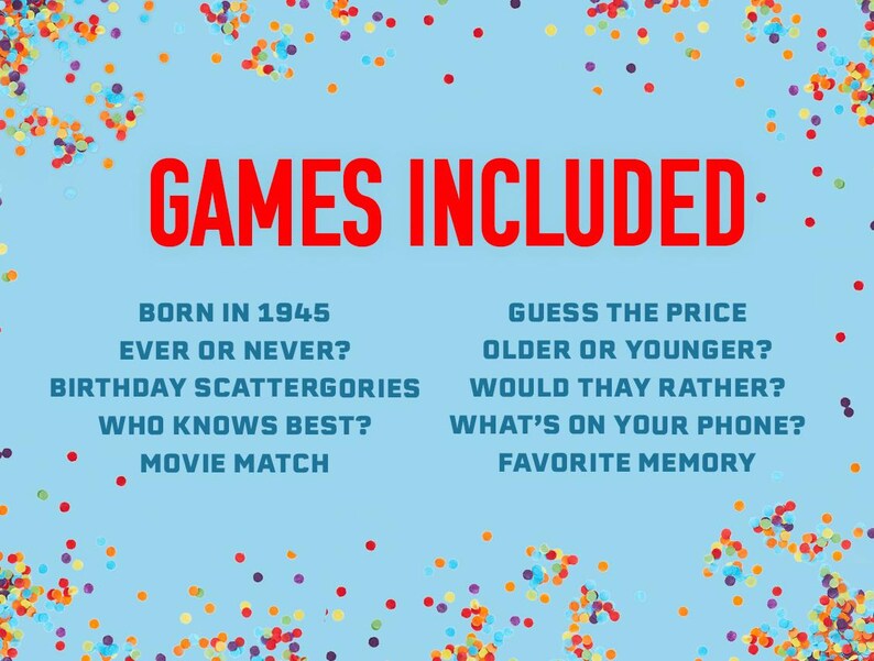 May include: A blue background with colorful confetti and the text "GAMES INCLUDED" in red. The text lists several party games, including "Born in 1945", "Ever or Never?", "Birthday Scattergories", "Who Knows Best?", "Movie Match", "Guess the Price", "Older or Younger?", "Would They Rather?", "What's on Your Phone?", and "Favorite Memory".