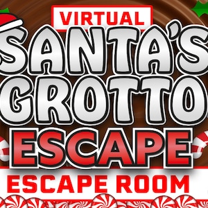 May include: A virtual escape room experience themed around Santa's Grotto. The image features a chocolate brown background with candy canes and peppermint swirls. The text "VIRTUAL SANTA'S GROTTO ESCAPE ESCAPE ROOM" is in bold, white, and red lettering.