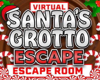 May include: A virtual escape room experience themed around Santa's Grotto. The image features a chocolate brown background with candy canes and peppermint swirls. The text "VIRTUAL SANTA'S GROTTO ESCAPE ESCAPE ROOM" is in bold, white, and red lettering.