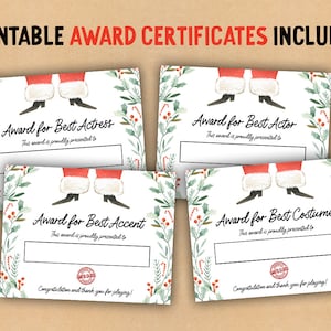 Pu&ograve; includere: Quattro certificati di premio natalizi stampabili con un tema di Babbo Natale. Ogni certificato ha una categoria di premio diversa: Miglior Attrice, Miglior Attore, Miglior Accento e Miglior Costume. I certificati sono decorati con agrifoglio verde e bacche rosse.