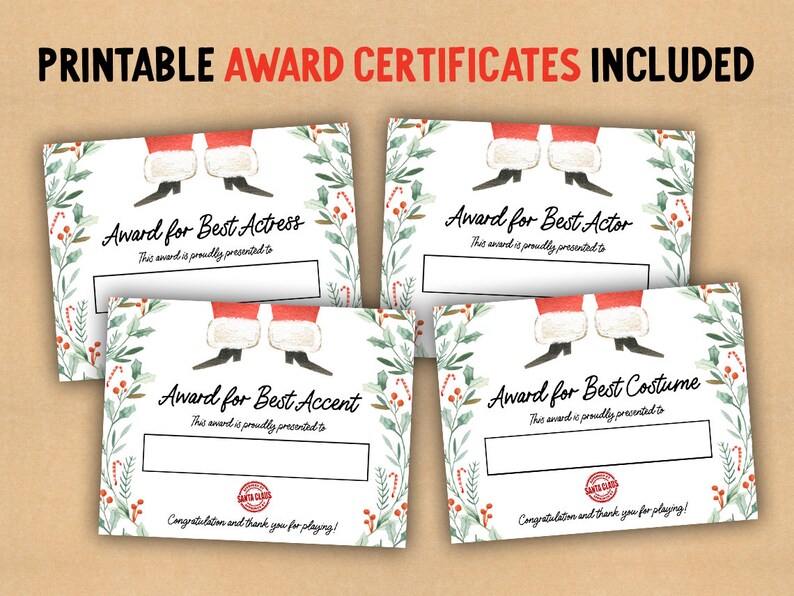 Pu&ograve; includere: Quattro certificati di premio natalizi stampabili con un tema di Babbo Natale. Ogni certificato ha una categoria di premio diversa: Miglior Attrice, Miglior Attore, Miglior Accento e Miglior Costume. I certificati sono decorati con agrifoglio verde e bacche rosse.