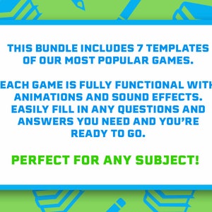 Peut inclure: Une bo&icirc;te de texte bleue et blanche avec le texte "Ce pack comprend 7 mod&egrave;les de nos jeux les plus populaires. Chaque jeu est enti&egrave;rement fonctionnel avec des animations et des effets sonores. Remplissez facilement toutes les questions et r&eacute;ponses dont vous avez besoin et vous &ecirc;tes pr&ecirc;t &agrave; partir. Parfait pour n'importe quel sujet !"
