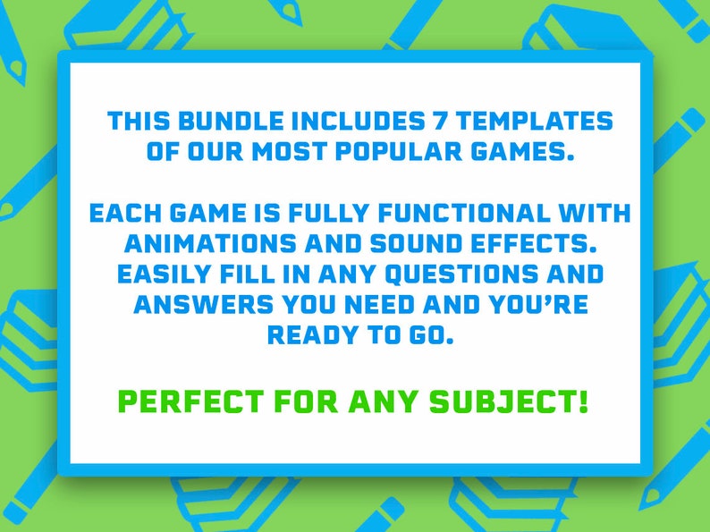 Peut inclure: Une bo&icirc;te de texte bleue et blanche avec le texte "Ce pack comprend 7 mod&egrave;les de nos jeux les plus populaires. Chaque jeu est enti&egrave;rement fonctionnel avec des animations et des effets sonores. Remplissez facilement toutes les questions et r&eacute;ponses dont vous avez besoin et vous &ecirc;tes pr&ecirc;t &agrave; partir. Parfait pour n'importe quel sujet !"