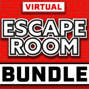 Puede incluir: Un gráfico rojo y blanco con el texto "VIRTUAL ESCAPE ROOM BUNDLE" sobre un fondo rojo con un patrón de laberinto.