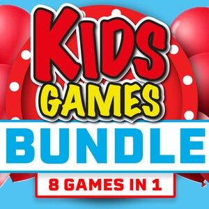 Puede incluir: Un gráfico rojo y amarillo con el texto "Kids Games Bundle 8 Games in 1" rodeado de globos rojos.