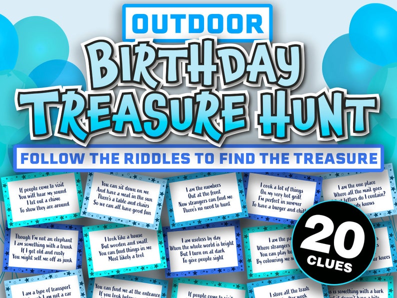 Op de afbeelding: Een blauw en wit printbaar schattenjacht spel met 20 aanwijzingen voor een buiten-verjaardagsfeest. Het spel bevat raadsels om de schat te vinden. De tekst op de kaarten luidt "Outdoor Birthday Treasure Hunt. Volg de raadsels om de schat te vinden."