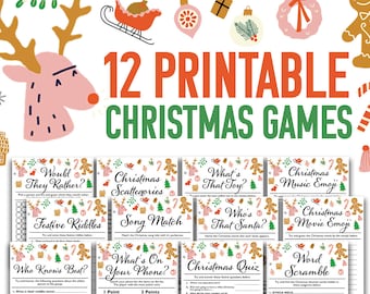 Può includere: Dodici giochi di Natale stampabili con illustrazioni festive di renne, omini di pan di zenzero e ornamenti. I giochi includono: Would They Rather, Christmas Scattegories, What's That Toy, Who's That Santa, Christmas Music Emoji, Christmas Movie Emoji, Festive Riddles, Song Match, What's On Your Phone, Christmas Quiz e Word Scramble.