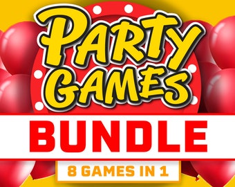 May include: A red circle with white polka dots and the text "Party Games Bundle 8 Games in 1" in yellow letters. The circle is surrounded by red balloons.