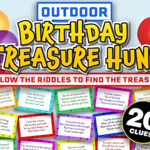 Jogo de caça ao tesouro ao ar livre para crianças || Pistas da caça ao tesouro || Caça ao tesouro para impressão, caça ao tesouro de aniversário para adolescentes || Fora do tesouro