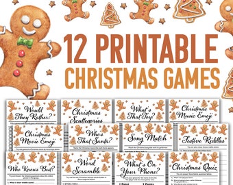 Può includere: Dodici giochi di Natale stampabili con omini di pan di zenzero e alberi di Natale. I giochi includono "Would They Rather", "Christmas Scattegories", "What's That Toy", "Christmas Music Emoji", "Christmas Movie Emoji", "Who's That Santa", "Word Scramble", "Song Match", "What's On Your Phone", "Festive Riddles", "Who Knows Best", e "Christmas Quiz".