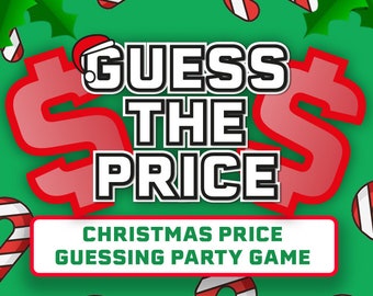 Könnte beinhalten: Ein grüner Hintergrund mit roten Dollarzeichen und Zuckerstangen. Der Text "GUESS THE PRICE" ist in Schwarz mit weißem Umriss. Unter dem Text befindet sich ein weißes Rechteck mit dem Text "CHRISTMAS PRICE GUESSING PARTY GAME".