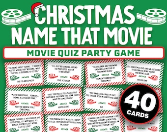 May include: A set of 40 Christmas movie trivia cards with a red and green striped background. Each card features a quote from a popular Christmas movie and the answer is on the back of the card. The cards are perfect for a Christmas party game.