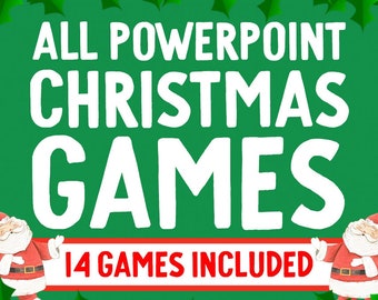 Pode incluir: Um fundo verde com folhas de azevinho e bagas vermelhas. O texto branco diz "ALL POWERPOINT CHRISTMAS GAMES" com uma faixa vermelha abaixo que diz "14 GAMES INCLUDED". Dois Papais Noéis de desenho animado estão de cada lado da faixa.