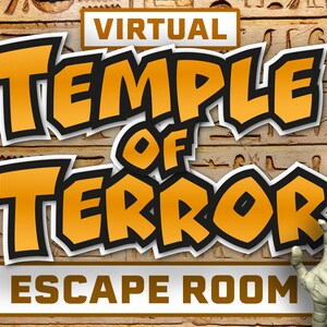 May include: A virtual escape room game called "Temple of Terror" with an Egyptian theme. The title is in bold, orange letters with a black outline. A white hand with a mummy-like appearance is reaching out from the right side of the image.