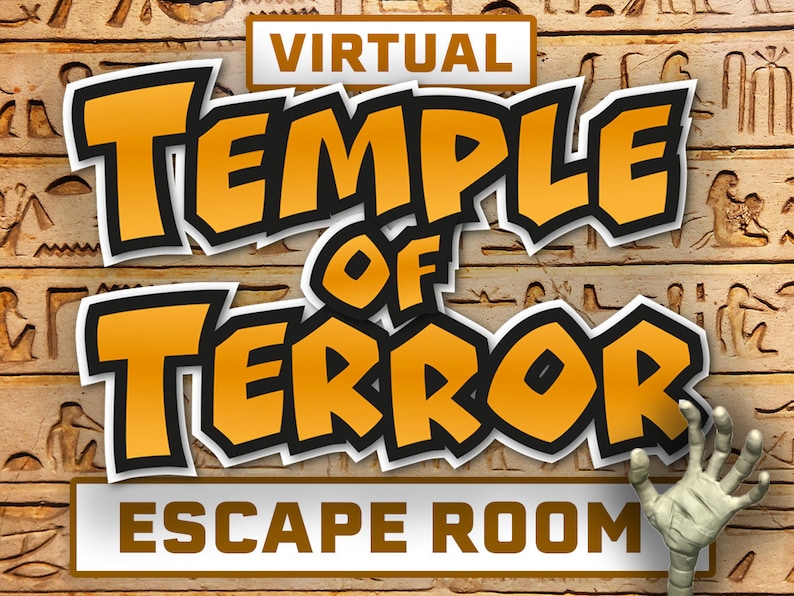 May include: A virtual escape room game called "Temple of Terror" with an Egyptian theme. The title is in bold, orange letters with a black outline. A white hand with a mummy-like appearance is reaching out from the right side of the image.