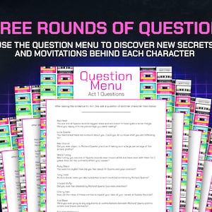 May include: A retro-themed game board with a question menu for a game about discovering secrets and motivations of characters. The board features a colorful cassette tape design with the text "Question Menu" and "Act 1 Questions".