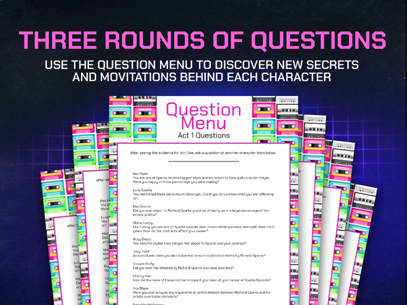 May include: A retro-themed game board with a question menu for a game about discovering secrets and motivations of characters. The board features a colorful cassette tape design with the text "Question Menu" and "Act 1 Questions".