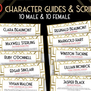Puede incluir: Un conjunto de 20 gu&iacute;as de personajes y guiones para una obra de teatro o una actuaci&oacute;n. Las gu&iacute;as se dividen en 10 personajes masculinos y 10 personajes femeninos. Cada tarjeta de personaje tiene un borde dorado y un fondo blanco con el nombre del personaje, su papel y una breve descripci&oacute;n.
