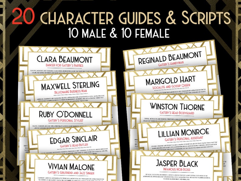 Puede incluir: Un conjunto de 20 gu&iacute;as de personajes y guiones para una obra de teatro o una actuaci&oacute;n. Las gu&iacute;as se dividen en 10 personajes masculinos y 10 personajes femeninos. Cada tarjeta de personaje tiene un borde dorado y un fondo blanco con el nombre del personaje, su papel y una breve descripci&oacute;n.