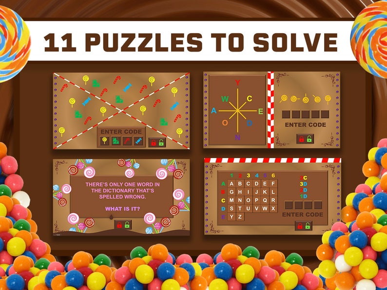May include: A set of 11 puzzles with a candy theme. The puzzles feature a variety of challenges, including word puzzles, code-breaking puzzles, and logic puzzles. The puzzles are set against a brown background with candy-themed decorations.