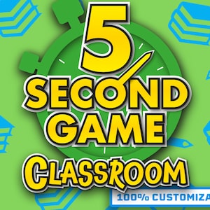 Peut inclure: Un graphique vert et jaune avec un chronom&egrave;tre et le texte "5 Second Game Classroom 100% Customizable". L'arri&egrave;re-plan est vert avec des ic&ocirc;nes de crayons et de livres bleus et blancs.
