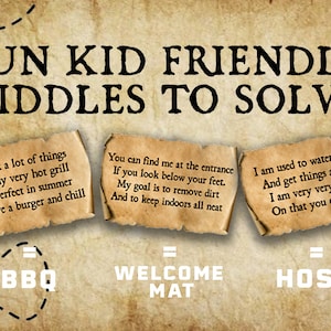 May include: Three brown paper scrolls with riddles written on them. The riddles are about a BBQ grill, a welcome mat, and a hose. The answers to the riddles are written below each scroll.