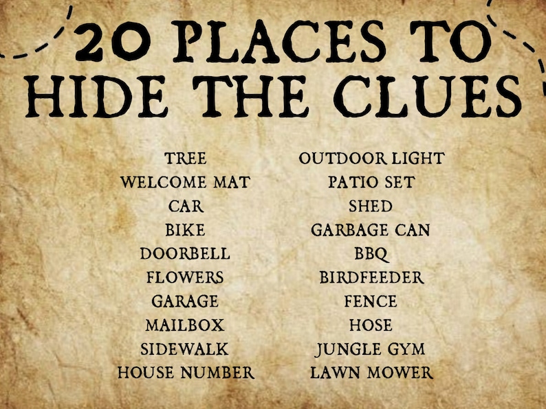 May include: A list of 20 places to hide clues for a scavenger hunt. The list includes items commonly found in a home's exterior, such as a tree, welcome mat, car, bike, doorbell, flowers, garage, mailbox, sidewalk, house number, outdoor light, patio set, shed, garbage can, BBQ, bird feeder, fence, hose, jungle gym, and lawn mower.