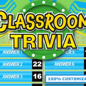 Peut inclure: Un plateau de jeu de questions-r&eacute;ponses sur le th&egrave;me de la classe, avec des cases de r&eacute;ponses bleues et jaunes et un cercle vert avec le texte "CLASSROOM TRIVIA". Les cases de r&eacute;ponses ont les num&eacute;ros 11, 22, 16 et 6. Le bas du plateau indique "100% CUSTOMIZABLE".