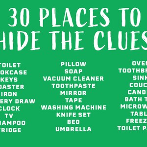 May include: A green background with white text listing 30 places to hide clues. The text is organized into two columns. The text includes items like toilet, bookcase, keys, toaster, iron, cutlery draw, clock, TV, shampoo, fridge, pillow, soap, vacuum cleaner, toothpaste, mirror, tape, washing machine, knife set, bed, umbrella, oven, toothbrush, sink, couch, candle, bath tub, microwave, table, freezer, and toilet paper.