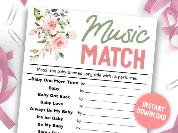 Music Match Printable Baby Shower Game Lyric Song Digital 