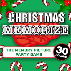 May include: A green and red Christmas-themed memory game with the title "Christmas Memorize" and a brain graphic. The game is described as "The Memory Picture Party Game" and includes 30 rounds.