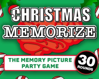 May include: A green and red Christmas-themed memory game with the title "Christmas Memorize" and a brain graphic. The game is described as "The Memory Picture Party Game" and includes 30 rounds.