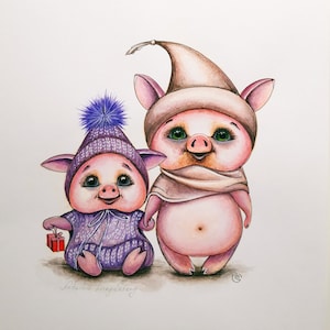 Ferkel Gemälde Kleine Kinder Original Art Aquarell Zwei kleine Bruder und Schwester Rosa Schweine