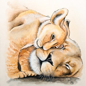 Animali africani pittura leoni arte originale leonessa e cucciolo di leone acquerello madre e figlio