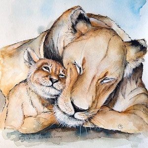 アフリカの動物の絵画 ライオンのオリジナルアート 雌ライオンと子ライオンの水彩画 母と子