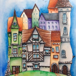 Fairytale Houses Art Print: Magic City Watercolor Landscape