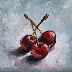 Cherry Mini Oil Painting: Small Still Life Kitchen Decor