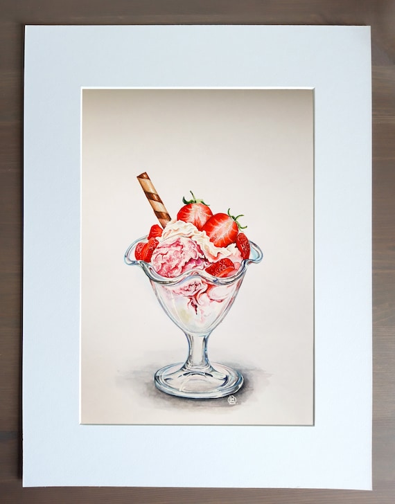 Strawberry Ice Cream Watercolor Painting: Kitchen Sweets Art