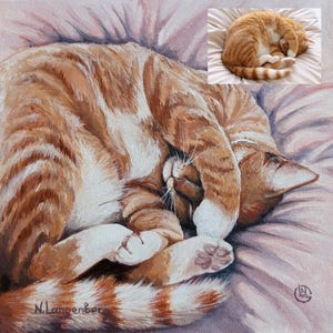 Chat roux, chat endormi, portrait d'animal de compagnie personnalisé, chat porte-bonheur, chat tigré, peinture à l'huile, dessin de chat, art de chat orange, décoration murale, peinture d'animaux