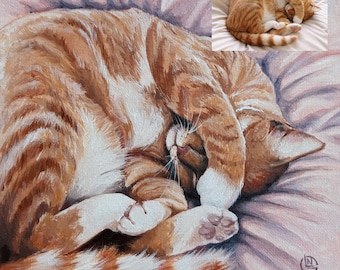 Dipinto a olio personalizzato raffigurante un gatto soriano zenzero addormentato: ritratto di animali domestici