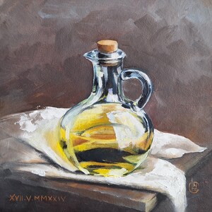 Pintura a óleo em vidro, natureza morta, garrafa de azeite, decoração de parede, pintura semi-abstrata
