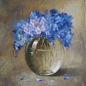 Original Handmade Oil Blue Floral Still Life Painting Oil Painting of Forget-Me-Nots in Glass Vase Textured Canvas Art