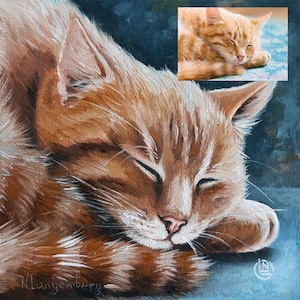 Chat roux, dormant, portrait d'animal de compagnie personnalisé, chat porte-bonheur, chat tigré, peinture à l'huile, dessin de chat, art de chat orange, cadeau pour amoureux des chats