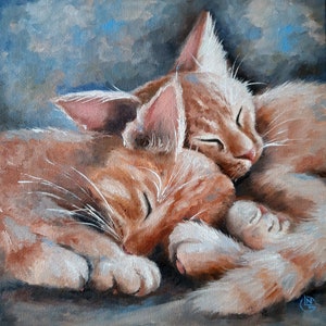 Peinture d'animaux Peinture de chat roux Chat endormi Portrait d'animal de compagnie Chat porte-bonheur Peinture à l'huile de chat tigré Dessin de chat Art de chat orange
