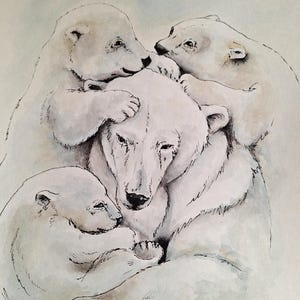 Dipinto ad acquerello di orsi polari di Mother's Love