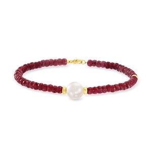 Ruby Pearl Bracelet, Faceted Genuine Ruby, 925 Sterling Silver