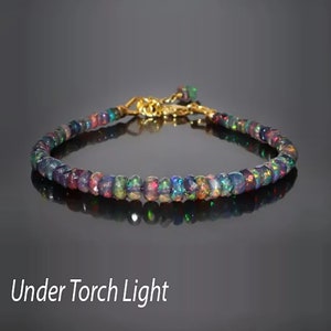 Multi-Fire Black Opal bracelet, Natural Ethiopian Black Opal Beaded Bracelet, 925 Sterling Silver Bracelet, Opal Beads Jewelry, October Gift