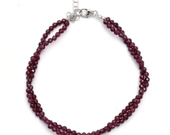 Bracciale minimalista con perline sfaccettate di granato, bracciale con granato autentico, pietra portafortuna di gennaio, bracciale con granato naturale, bracciale in argento 925, regalo per lei