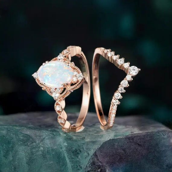 Opal Engagement Ring Set Vintage Opal Wedding Ring Woman Celestial